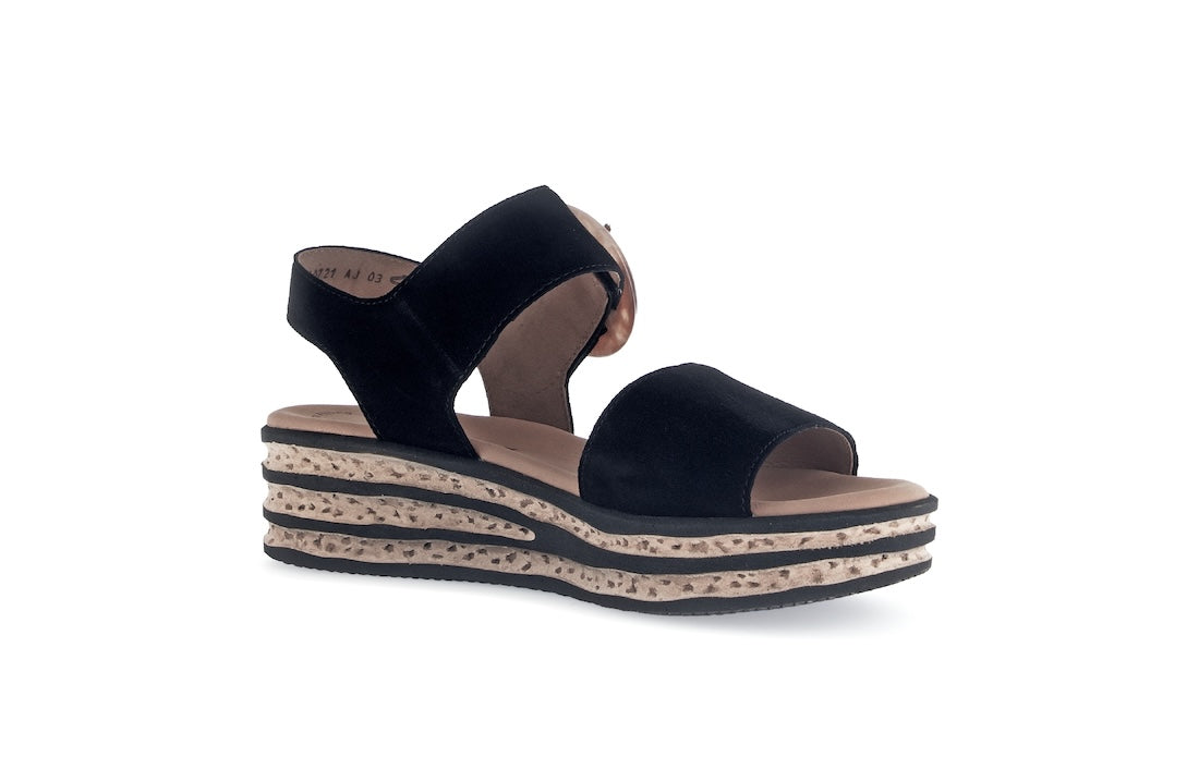 Gabor André women's black suede touch fastening wedge sandals with layered cork sole and open toe design.