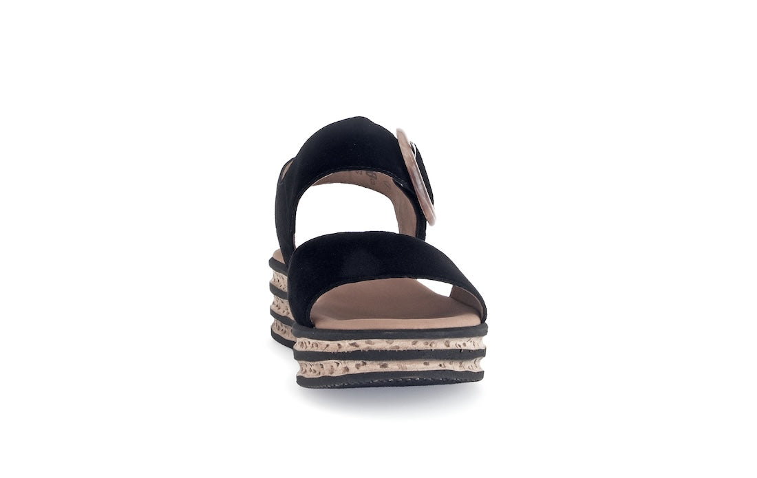 Gabor André Ladies Black Suede Touch Fastening Sandals with layered wedge heel, open toe, and adjustable strap.