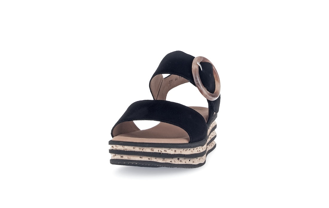 Gabor André ladies black suede touch fastening sandals with stacked cork platform sole.