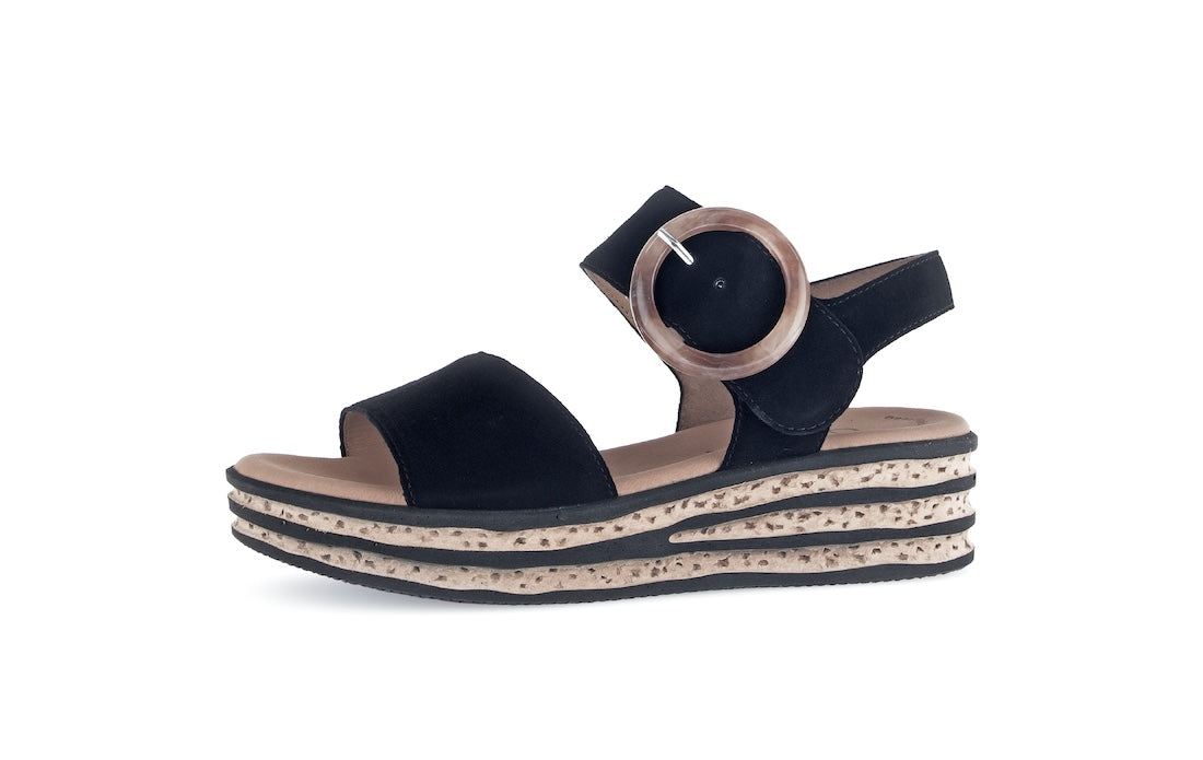 Gabor André women's black suede touch fastening sandals with layered platform sole and adjustable ankle strap.