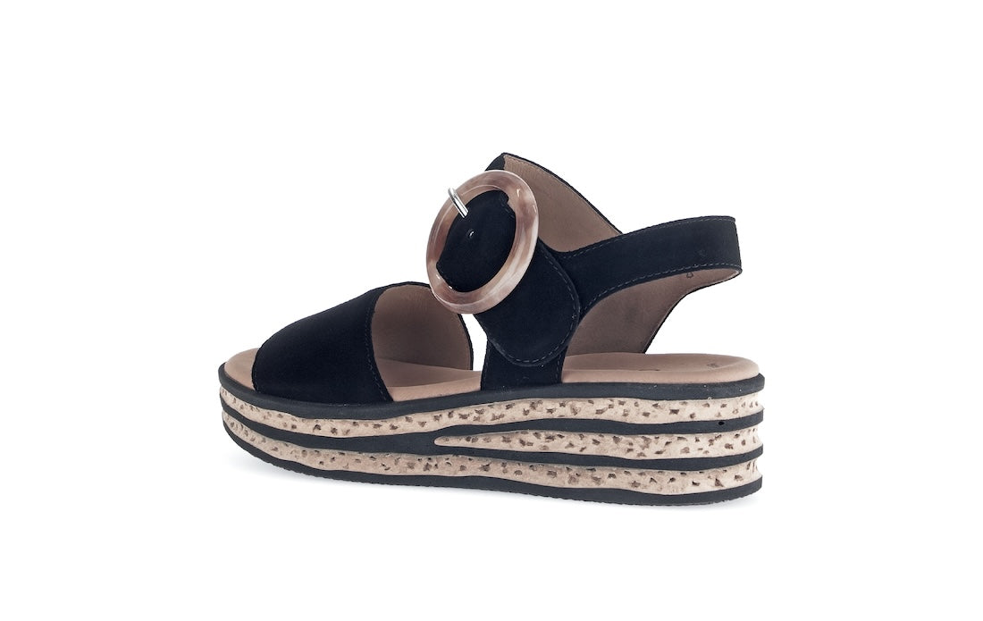 Gabor women's black suede touch fastening platform sandals with striped wedge sole and large circular buckle.