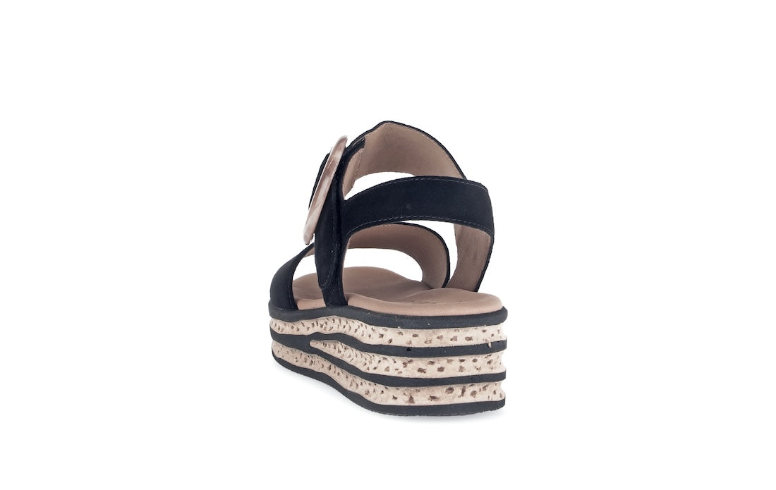 Gabor André Ladies Black Suede Touch Fastening Platform Sandals with layered sole, open back, and adjustable strap.