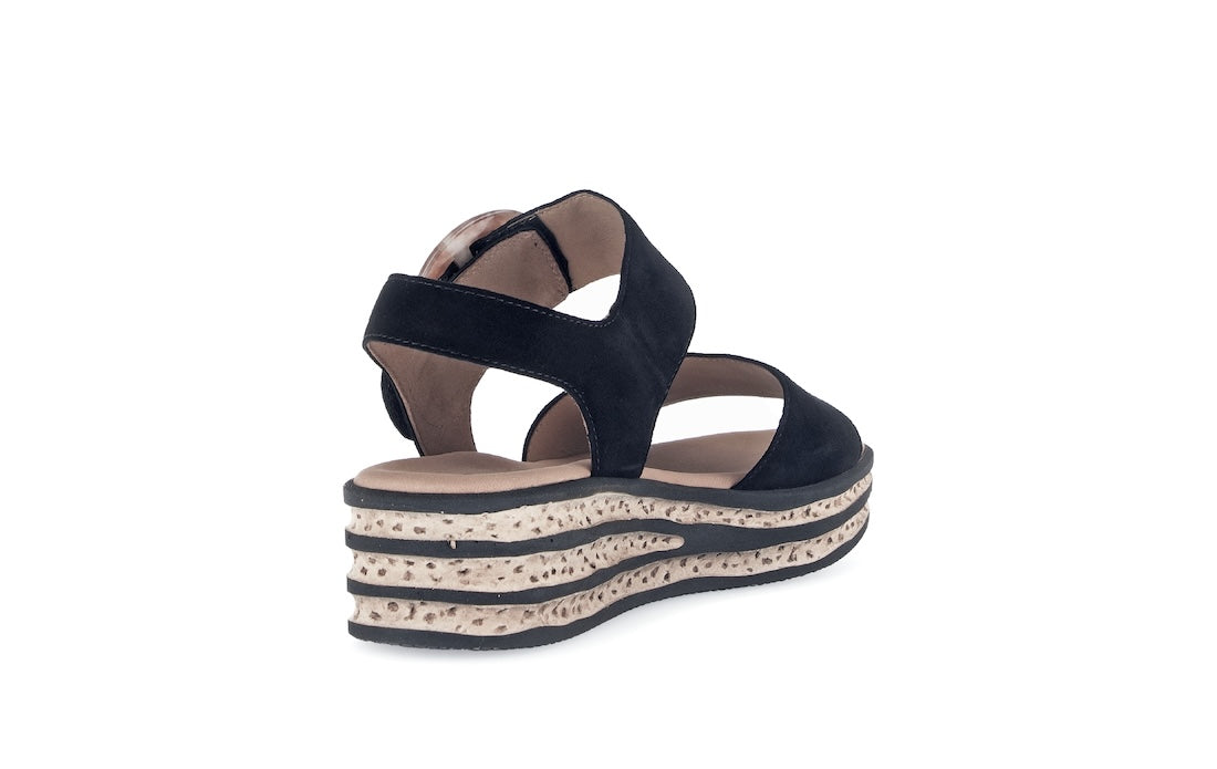 Gabor André Ladies Black Suede Touch Fastening Sandals with layered platform sole.