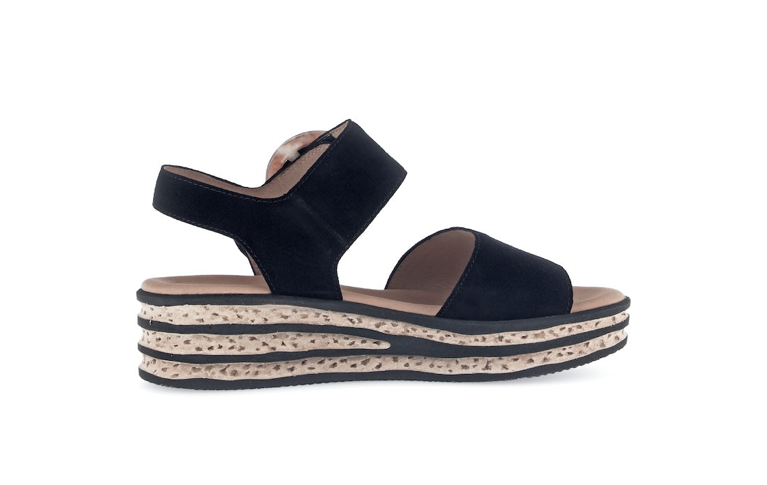 Gabor André Ladies Black Suede Touch Fastening Sandals with layered foam wedge sole.