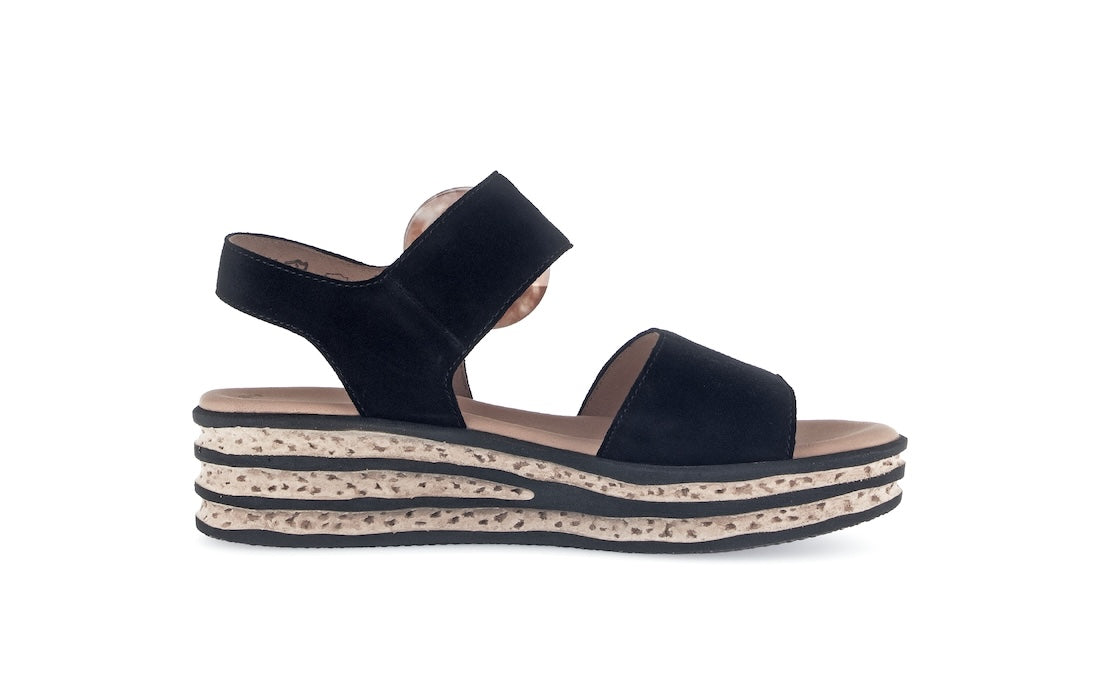 Gabor André ladies black suede touch fastening sandals with layered cork sole, open-toe design, and adjustable ankle strap.