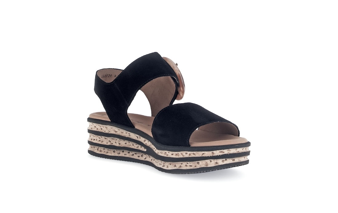 Gabor André women's black suede touch fastening wedge sandals with layered platform sole.