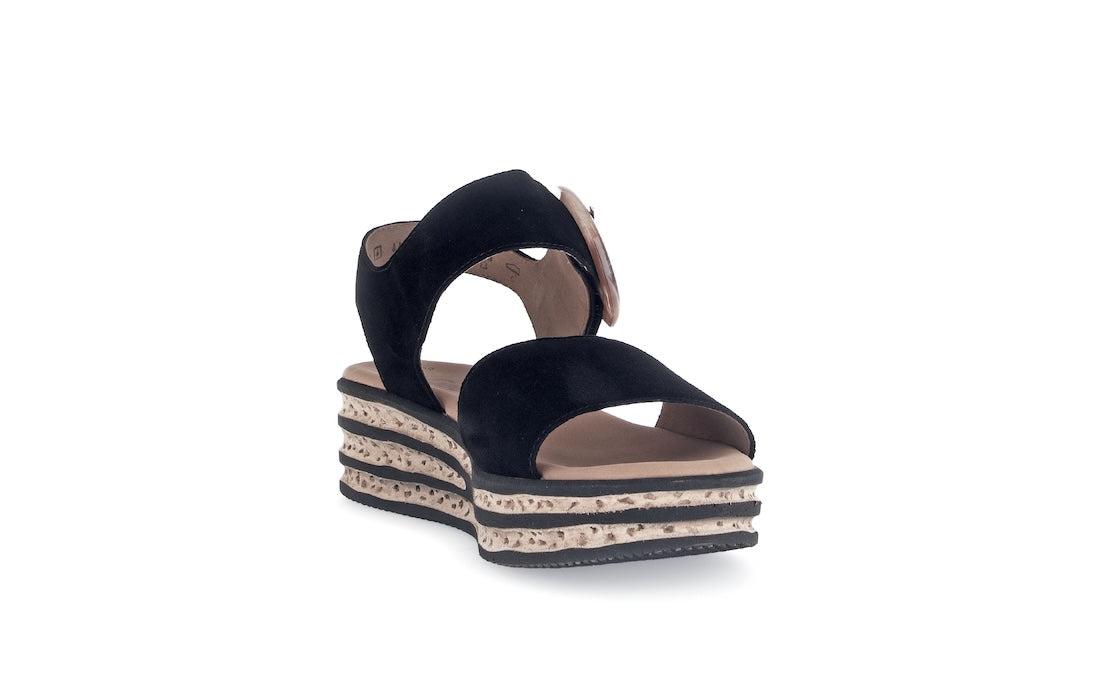 Gabor André Women's Black Suede Touch Fastening Platform Sandals with layered wedge heel.