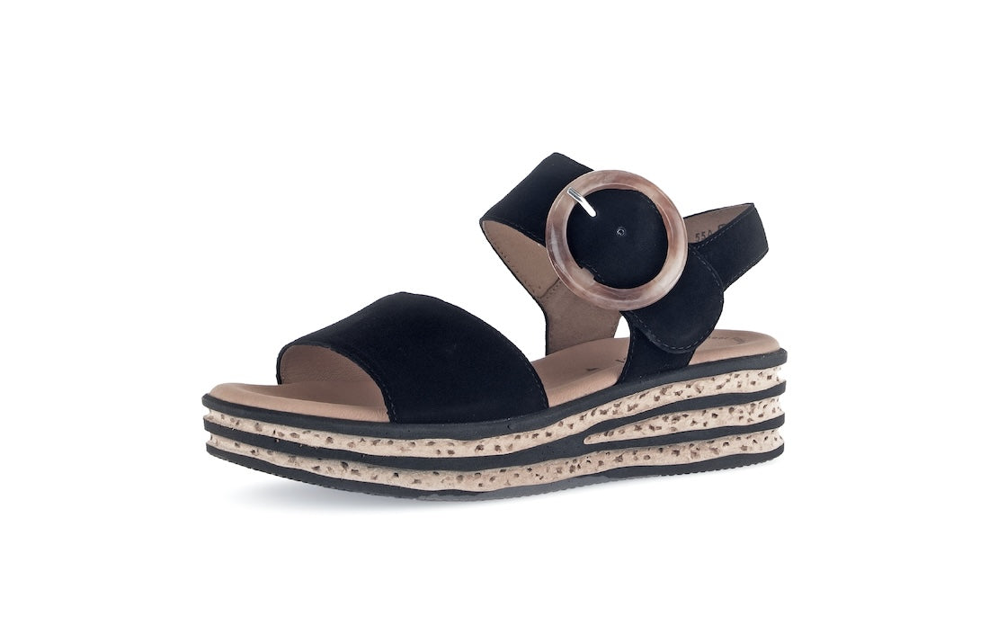 Gabor women's black suede touch fastening sandal with chunky layered beige sole and decorative buckle detail.