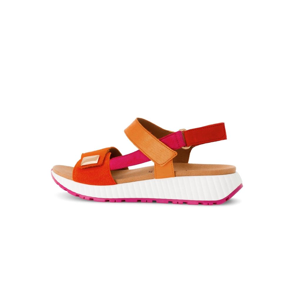 Gabor women's orange suede touch fastening sandals with pink and red straps and a chunky white sole.