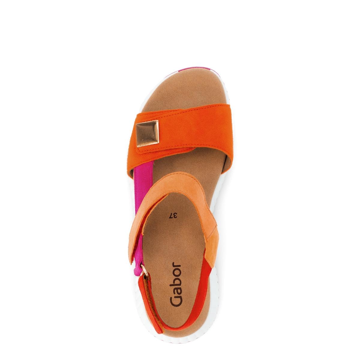 Gabor women's orange suede touch fastening sandals with colorful accents and a square metallic detail.