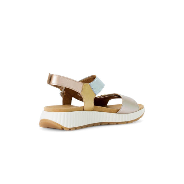 Gabor ladies beige leather touch fastening sandals with chunky white sole and pastel accents.