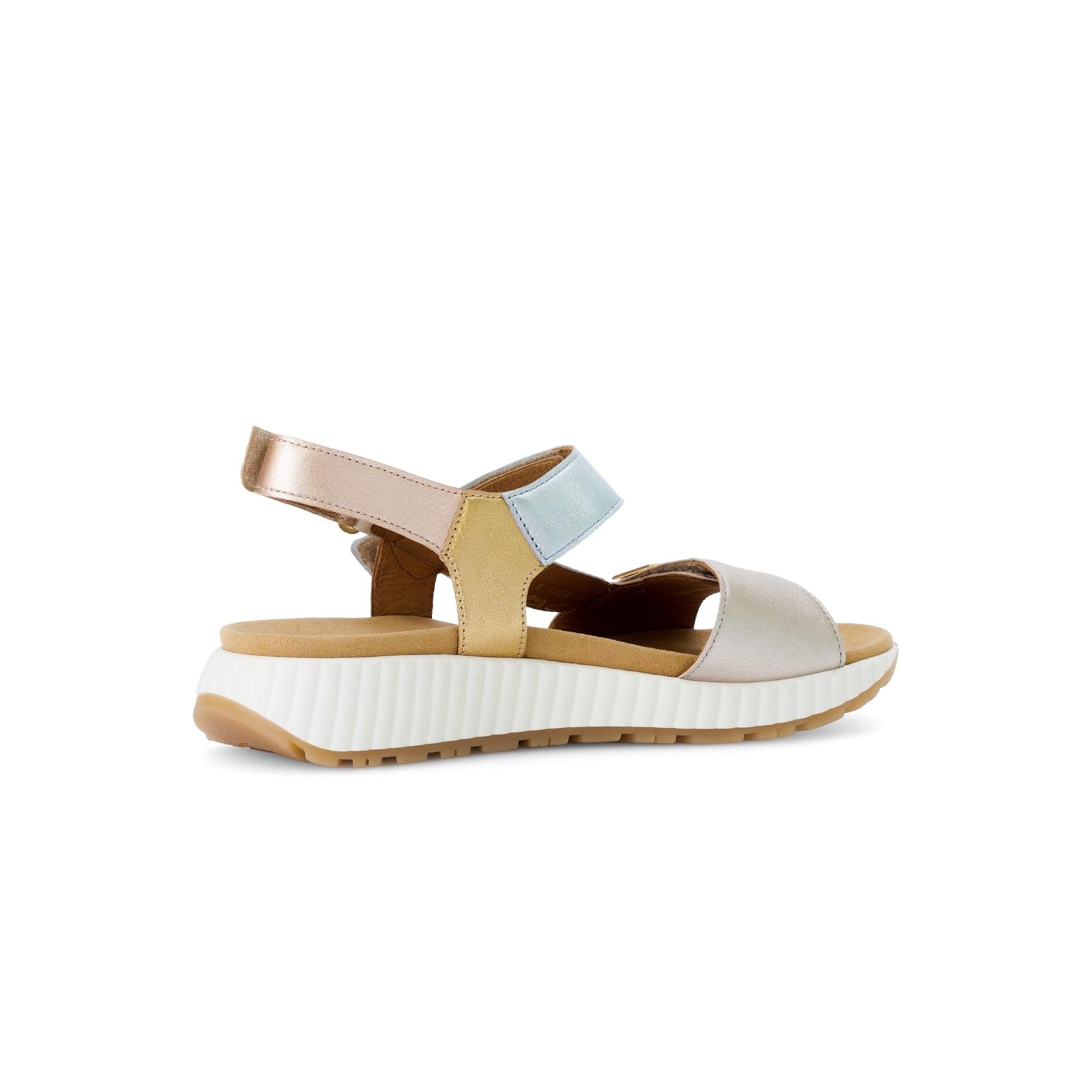 Gabor Ladies beige leather touch-fastening sandal with adjustable straps and chunky white sole.