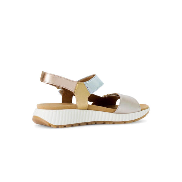 Gabor Ladies beige leather touch-fastening sandal with adjustable straps and chunky white sole.