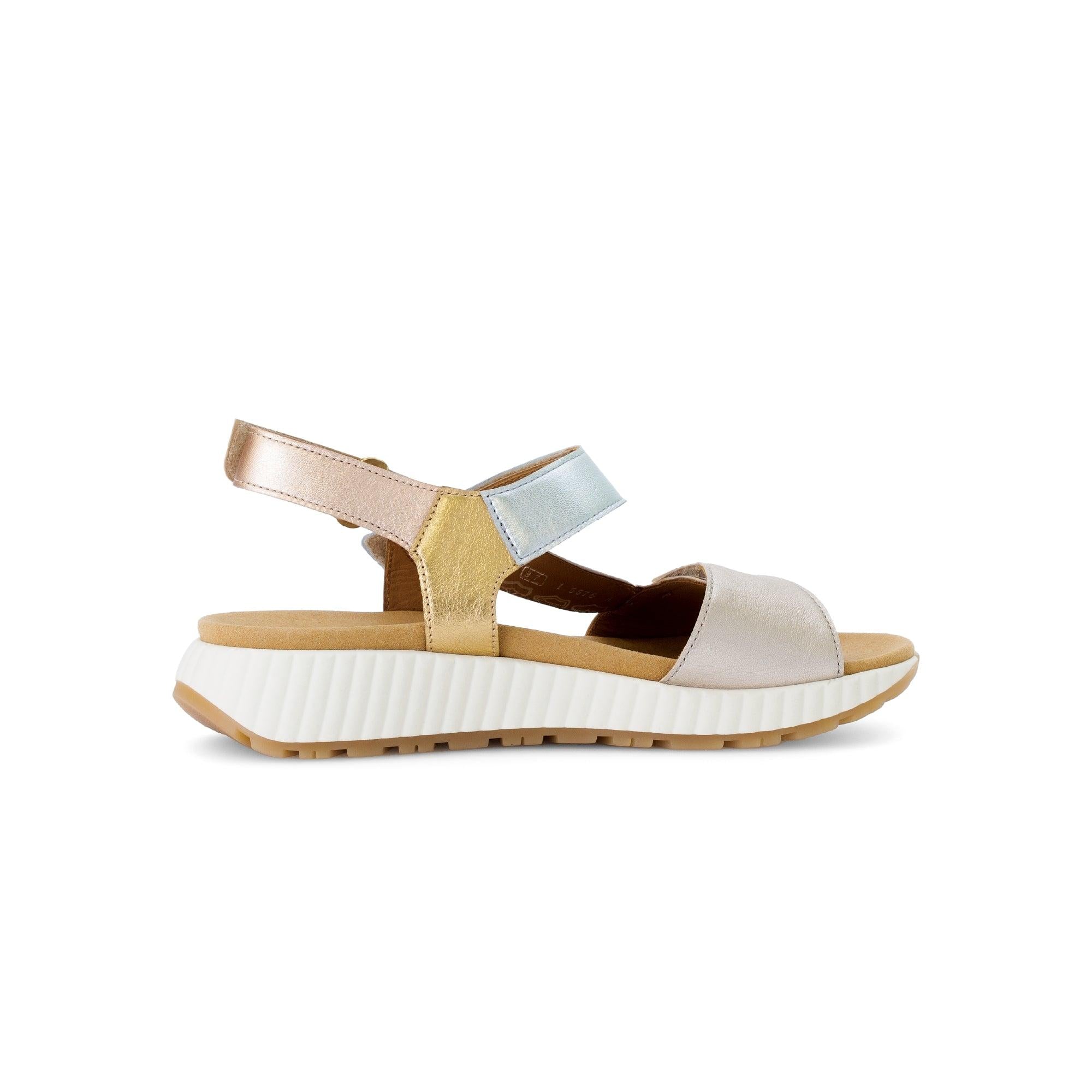 Gabor 64.582.62 women's beige leather touch fastening sandals with chunky white sole and pastel multicolor straps.