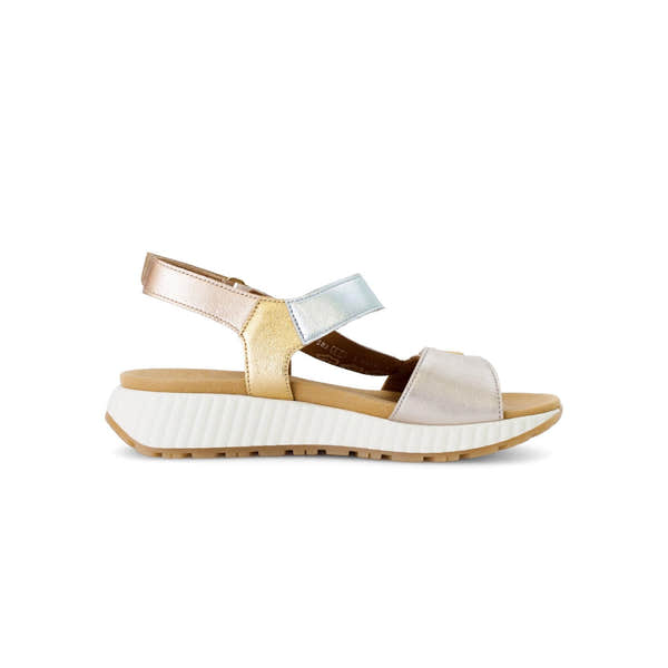 Gabor 64.582.62 beige leather touch-fastening ladies' sandals with chunky white sole and multi-tone straps for casual wear.