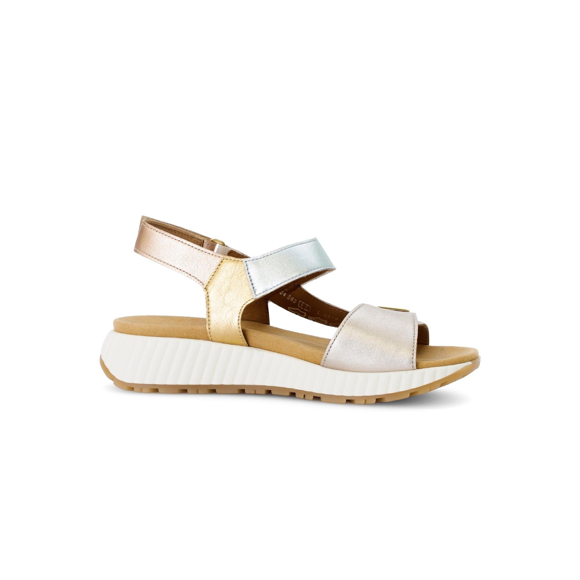 Gabor ladies' beige leather touch fastening sandal with multicolor straps and chunky sole.