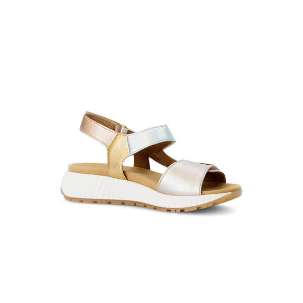 Gabor beige leather touch-fastening women's sandals with multi-colored straps and white platform sole.