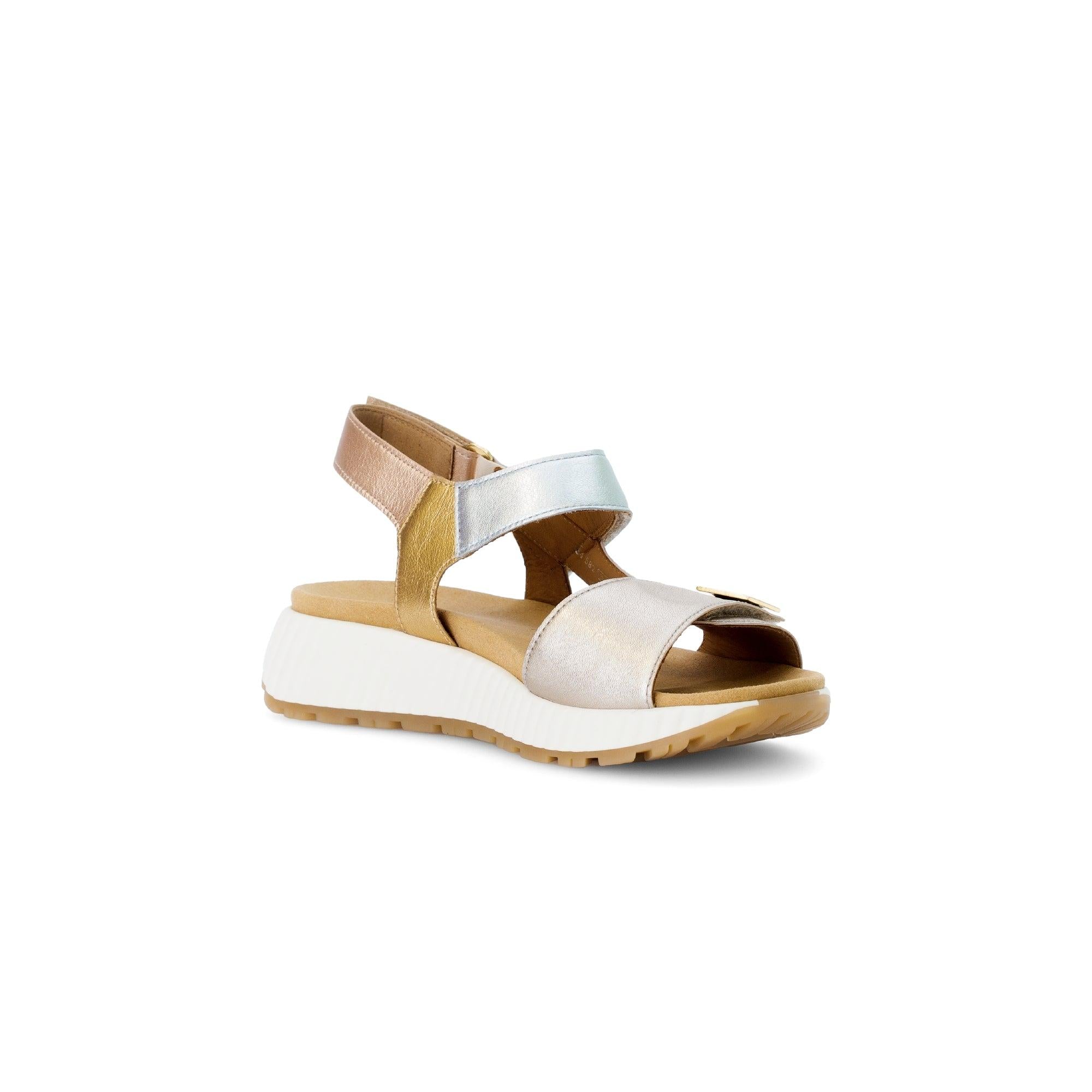 Gabor Ladies Beige Leather Touch Fastening Sandals with colorful straps and chunky white sole.