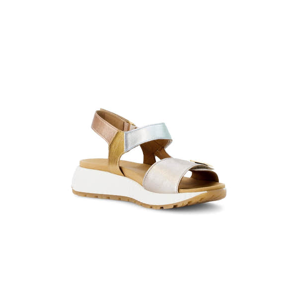 Gabor Ladies Beige Leather Touch Fastening Sandals with colorful straps and chunky white sole.