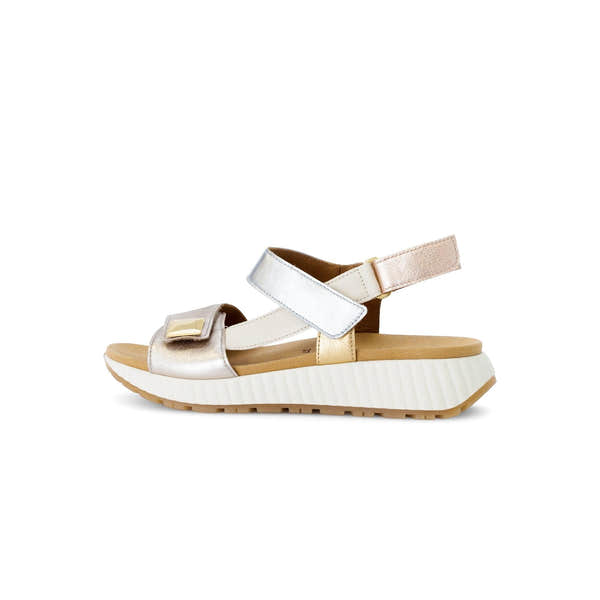 Gabor ladies' beige leather touch-fastening sandals with chunky white sole and metallic accents.