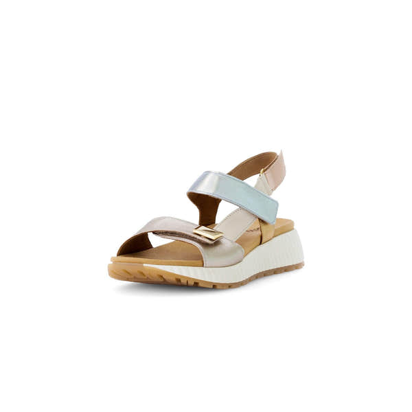 Gabor Ladies Beige Leather Touch Fastening Sandals with chunky white sole and pastel-colored straps.