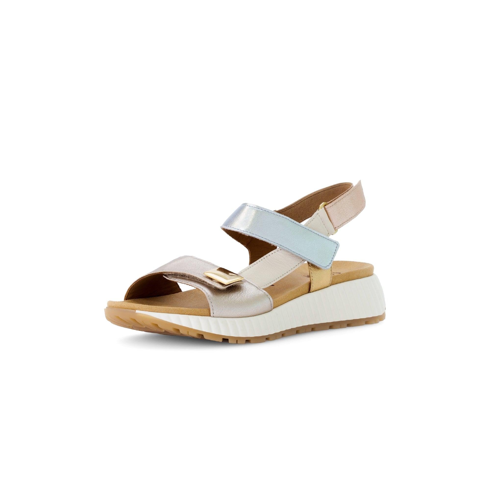 Gabor Ladies Beige Leather Touch Fastening Sandals with sporty white sole and adjustable straps.