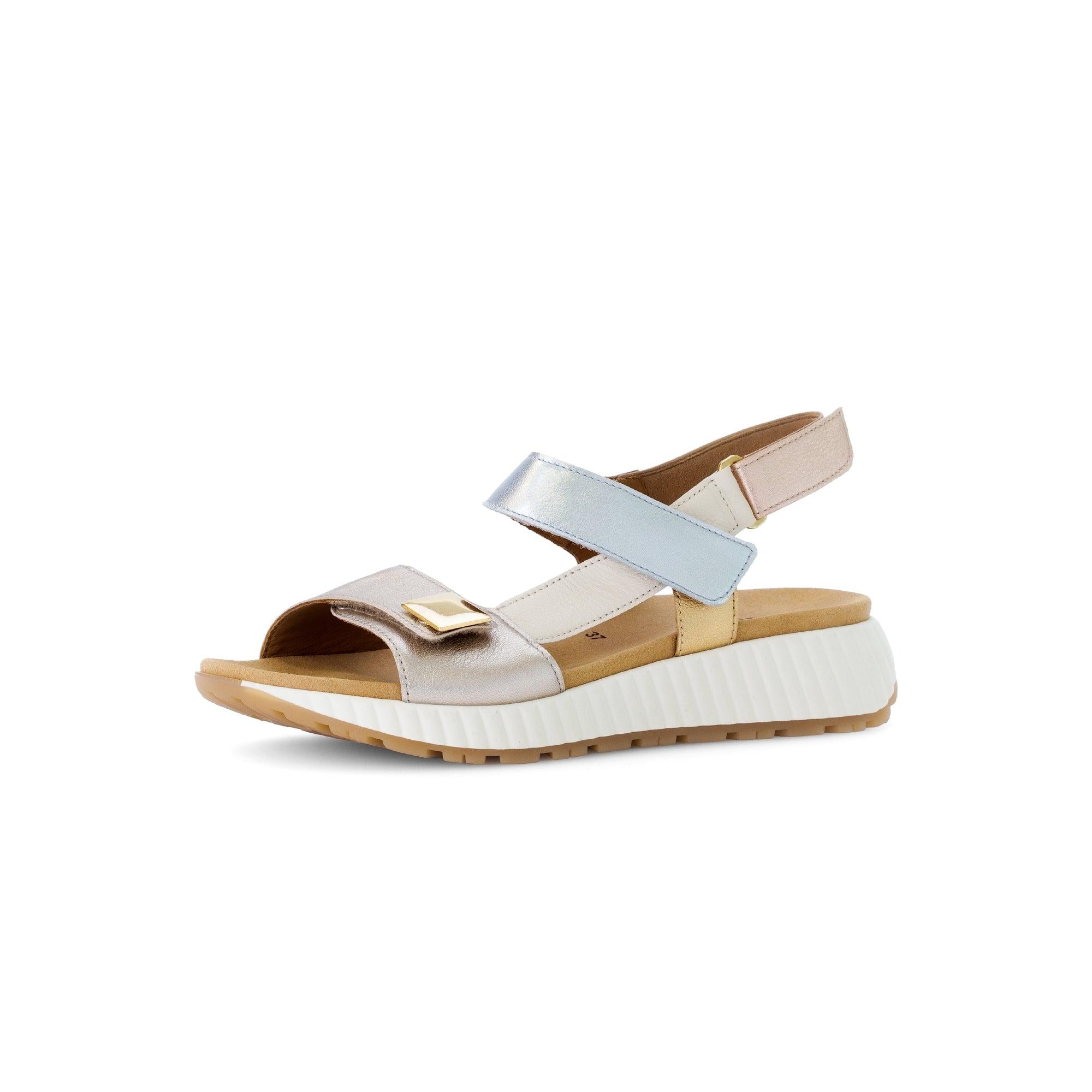 Gabor Ladies Beige Leather Touch Fastening Sandals with chunky white sole and multicolor straps.