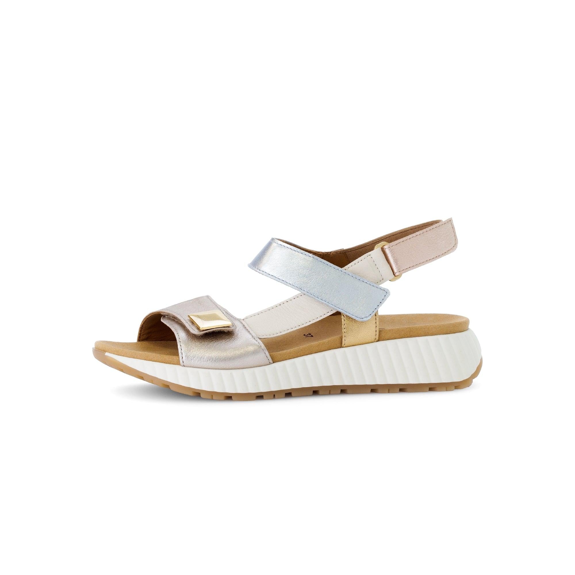 Gabor ladies beige leather touch-fastening sandals with chunky white sole and multicolor straps, slip-on style.
