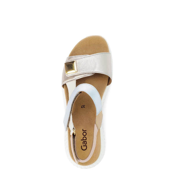 Gabor ladies beige leather touch-fastening sandals with gold buckle, comfortable cushioned insole, size 37.