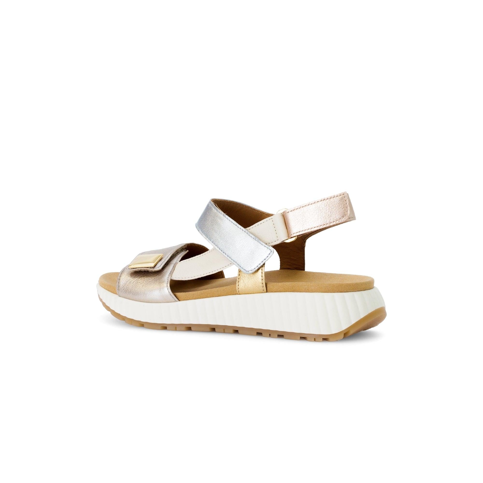 Gabor women's beige leather touch-fastening sandals with chunky white sole and metallic accents.