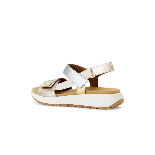 Gabor women's beige leather touch-fastening sandals with chunky white sole and metallic accents.