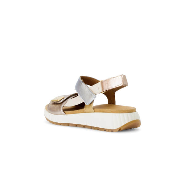 Gabor ladies beige leather touch fastening sandals with chunky white platform sole and color-block strap details.