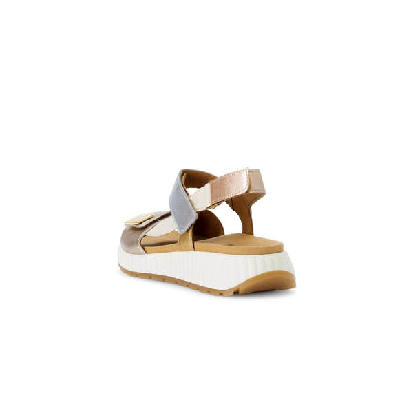 Gabor beige leather touch fastening sandals for ladies with chunky white sole and multi-color straps.