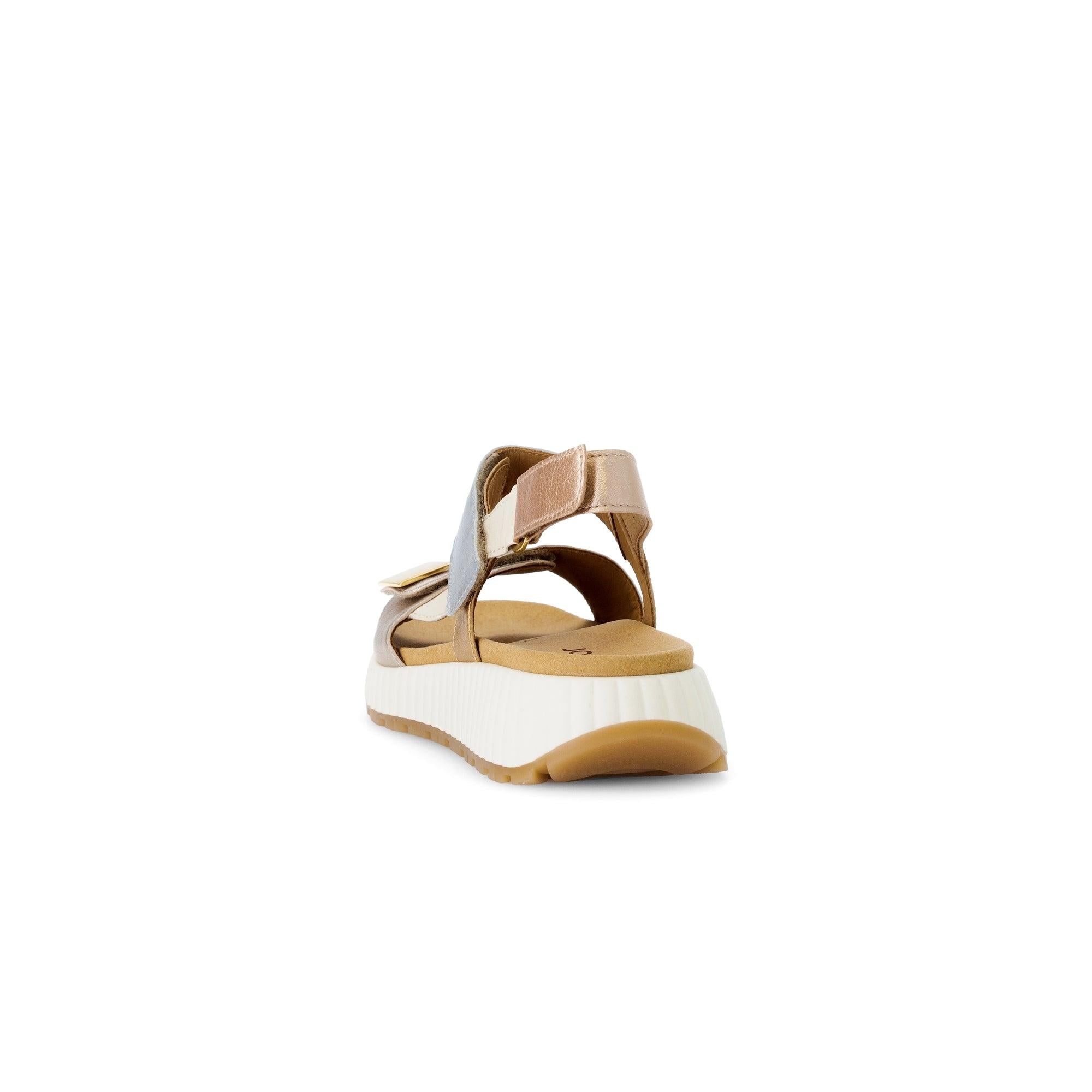 Gabor beige leather touch fastenings sandals for ladies with a chunky white sole and strap details.