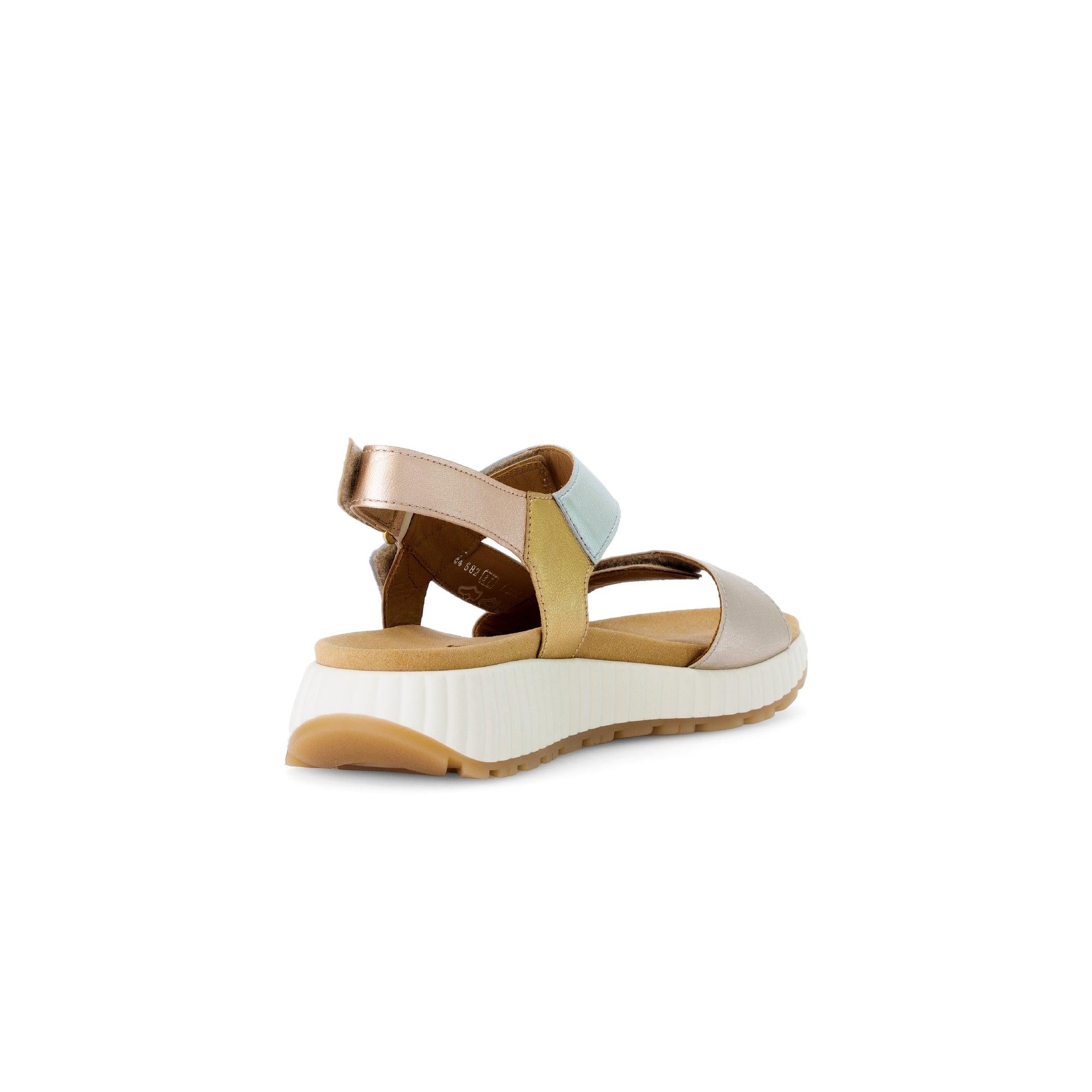 Gabor ladies beige leather touch-fastening sandals with chunky white sole and multicolor strap accents.