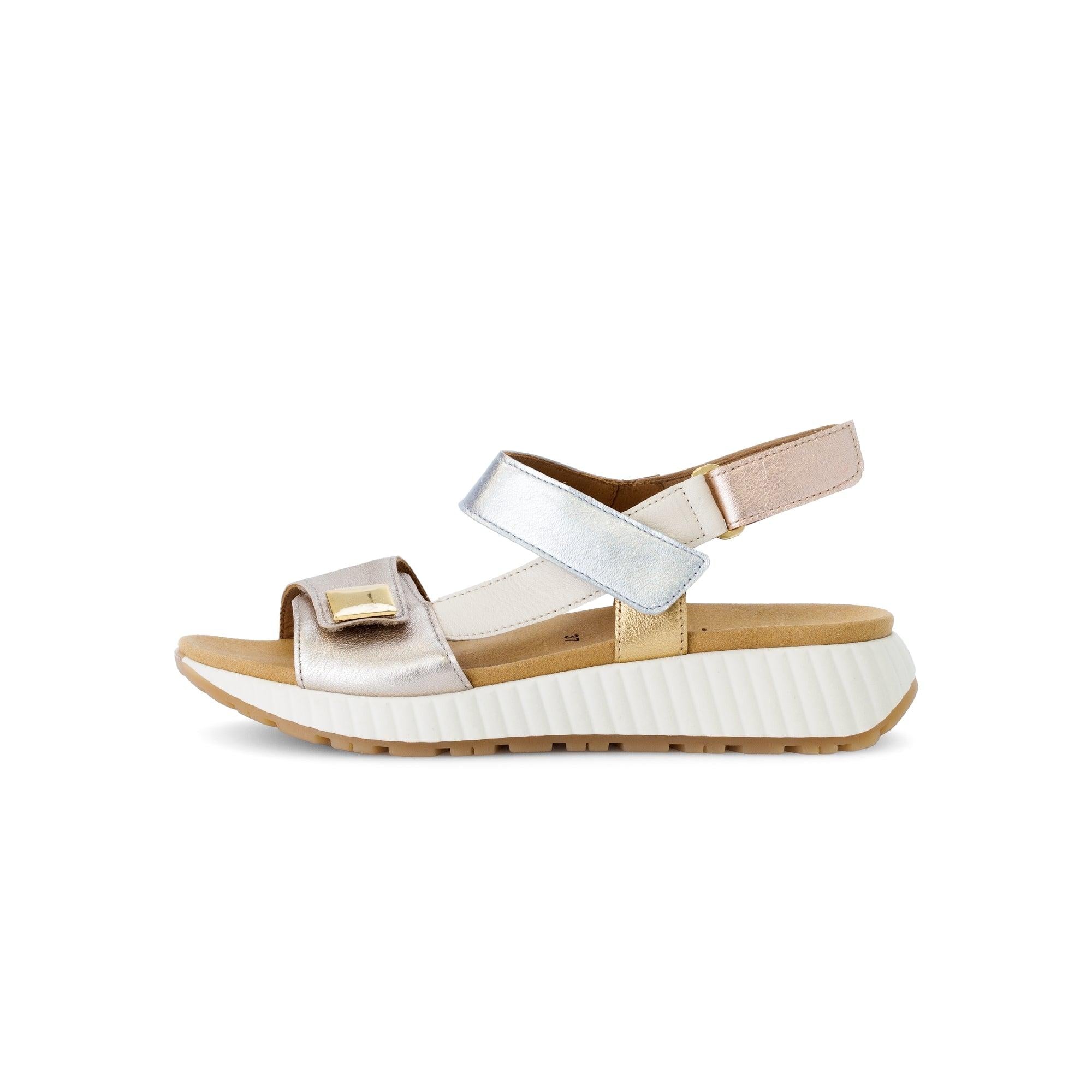 Gabor women's beige leather touch fastening sandals with chunky white sole and metallic accents.