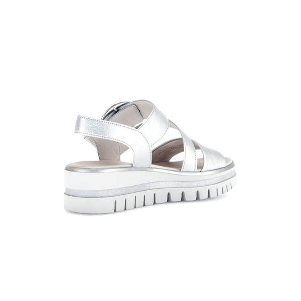 Gabor Ladies Silver Leather Touch Fastening Sandals, open-toe design, chunky platform sole, casual summer footwear.