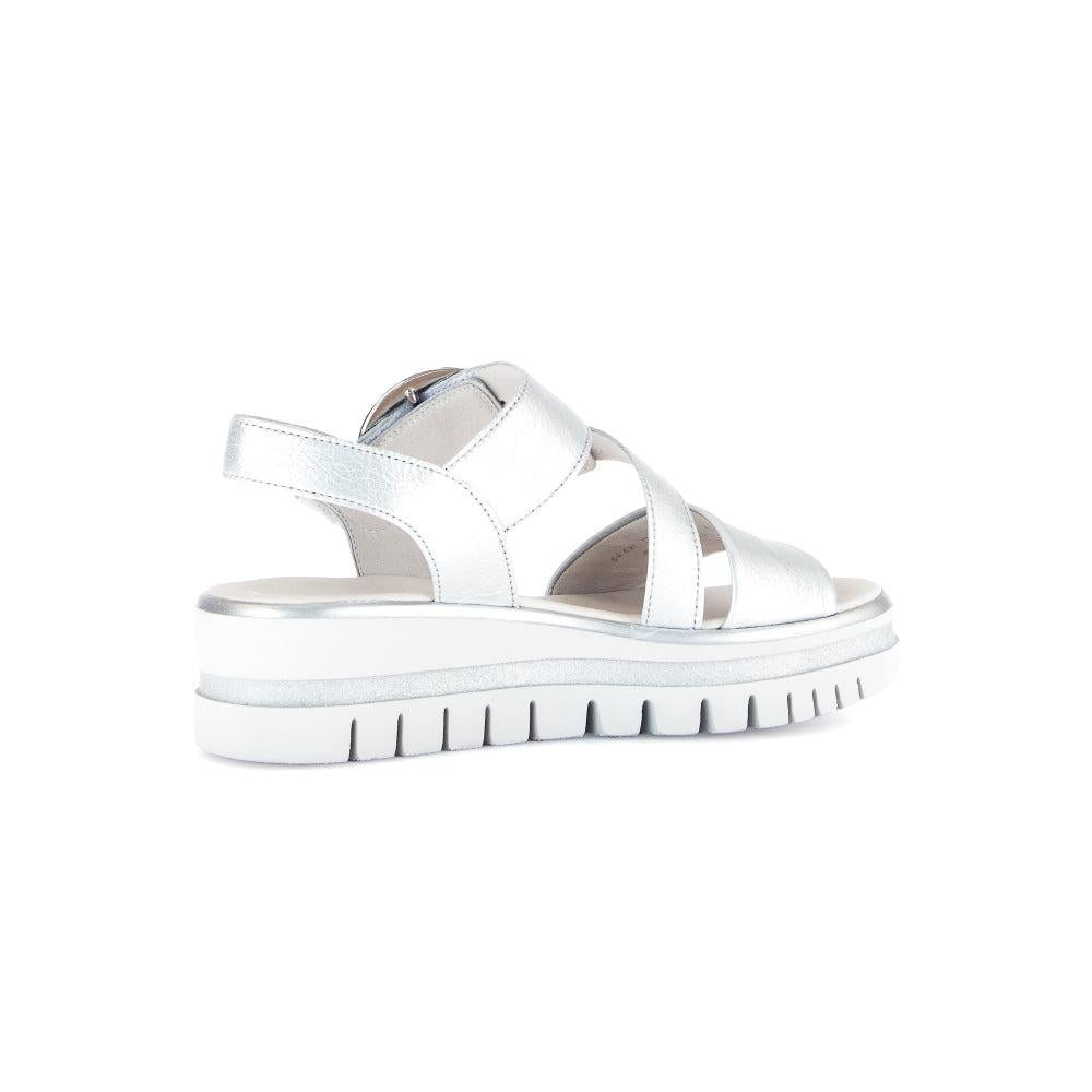Gabor Ladies Silver Leather Touch Fastening Sandals, open-toe, chunky sole, with ankle strap and adjustable buckle.