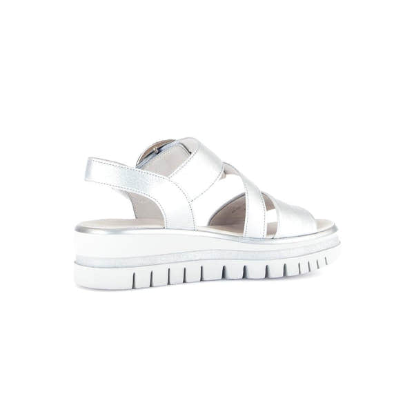 Gabor Ladies Silver Leather Touch Fastening Sandals, open-toe, chunky sole, with ankle strap and adjustable buckle.