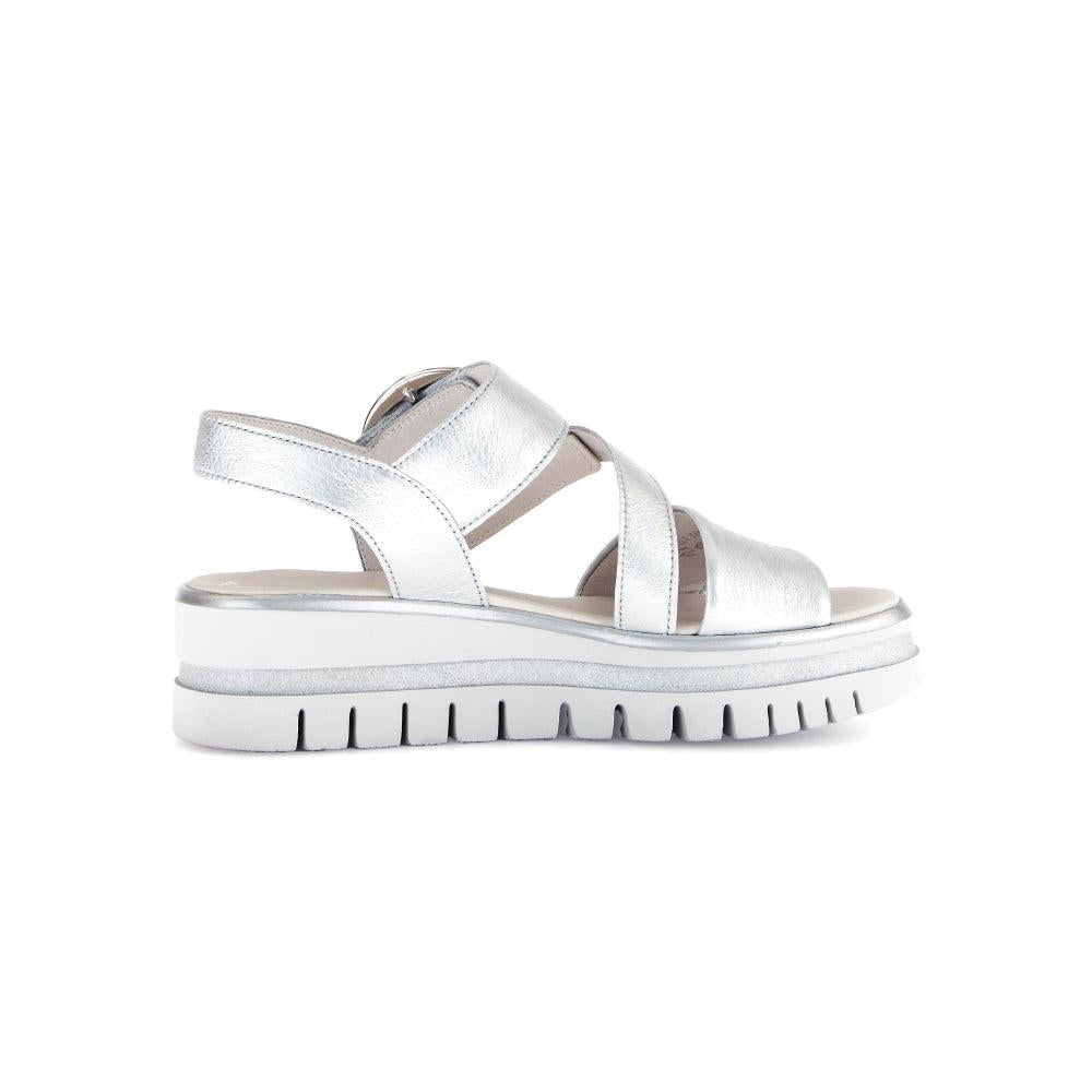 Gabor women's silver leather sandals with touch fastening straps and chunky white sole.