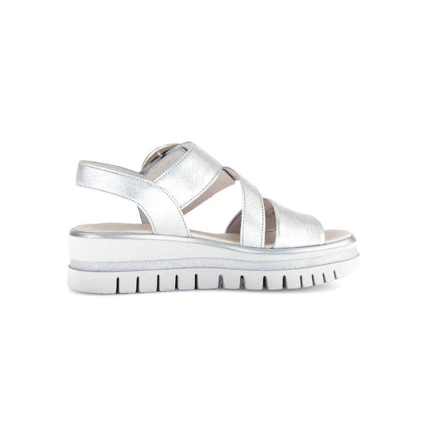 Gabor women's silver leather sandals with touch fastening straps and chunky white sole.
