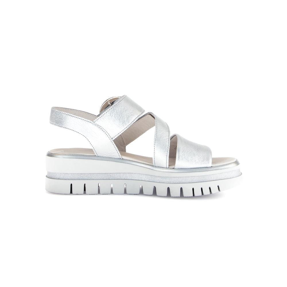 Gabor ladies silver leather touch fastening sandals with chunky sole and open toe design.