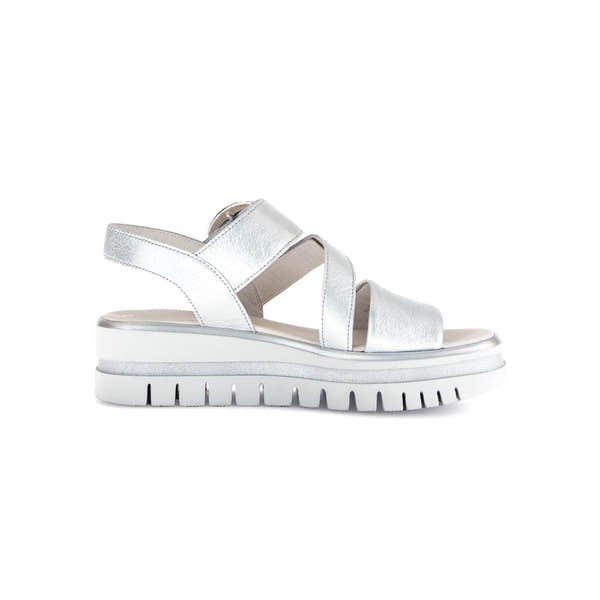 Gabor ladies silver leather touch fastening sandals with chunky sole and open toe design.