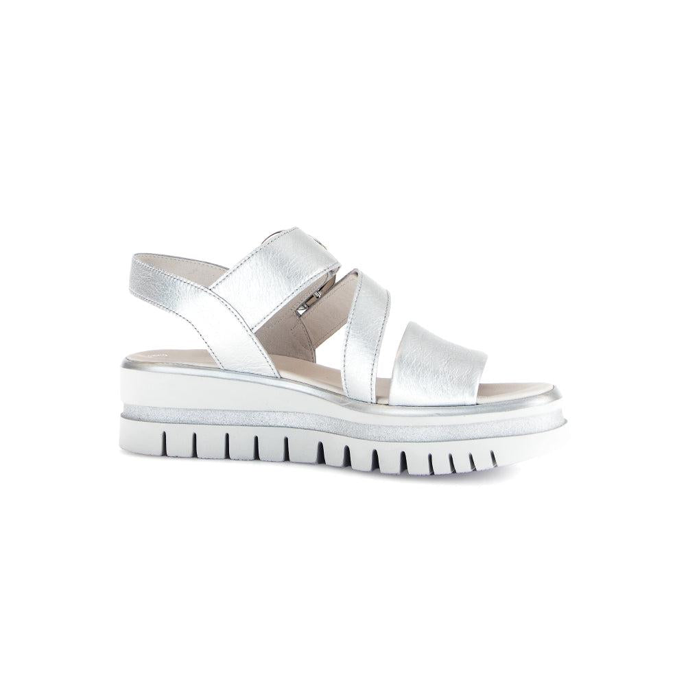 Gabor women's silver leather touch fastening sandals with chunky sole and adjustable straps.