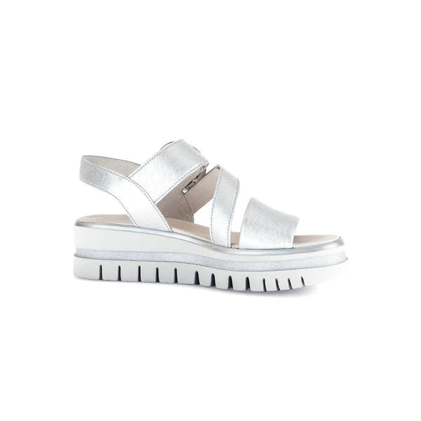 Gabor women's silver leather touch fastening sandals with chunky sole and adjustable straps.