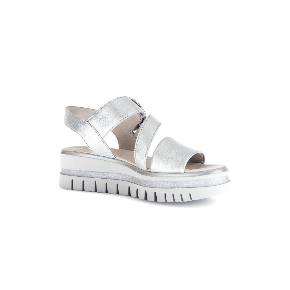 Gabor women's silver leather touch fastening sandals with chunky sole and open toe, stylish and comfortable for summer wear.