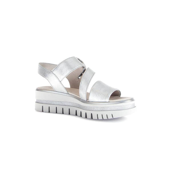 Gabor women's silver leather touch fastening sandals with chunky sole and open toe, stylish and comfortable for summer wear.