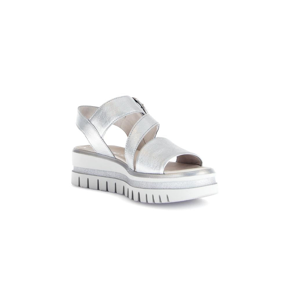 Gabor Ladies Silver Leather Touch Fastening Sandals, open-toe, platform sole, adjustable straps, stylish and comfortable.