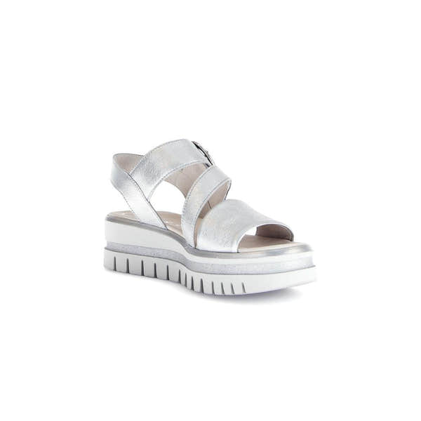 Gabor Ladies Silver Leather Touch Fastening Sandals, open-toe, platform sole, adjustable straps, stylish and comfortable.