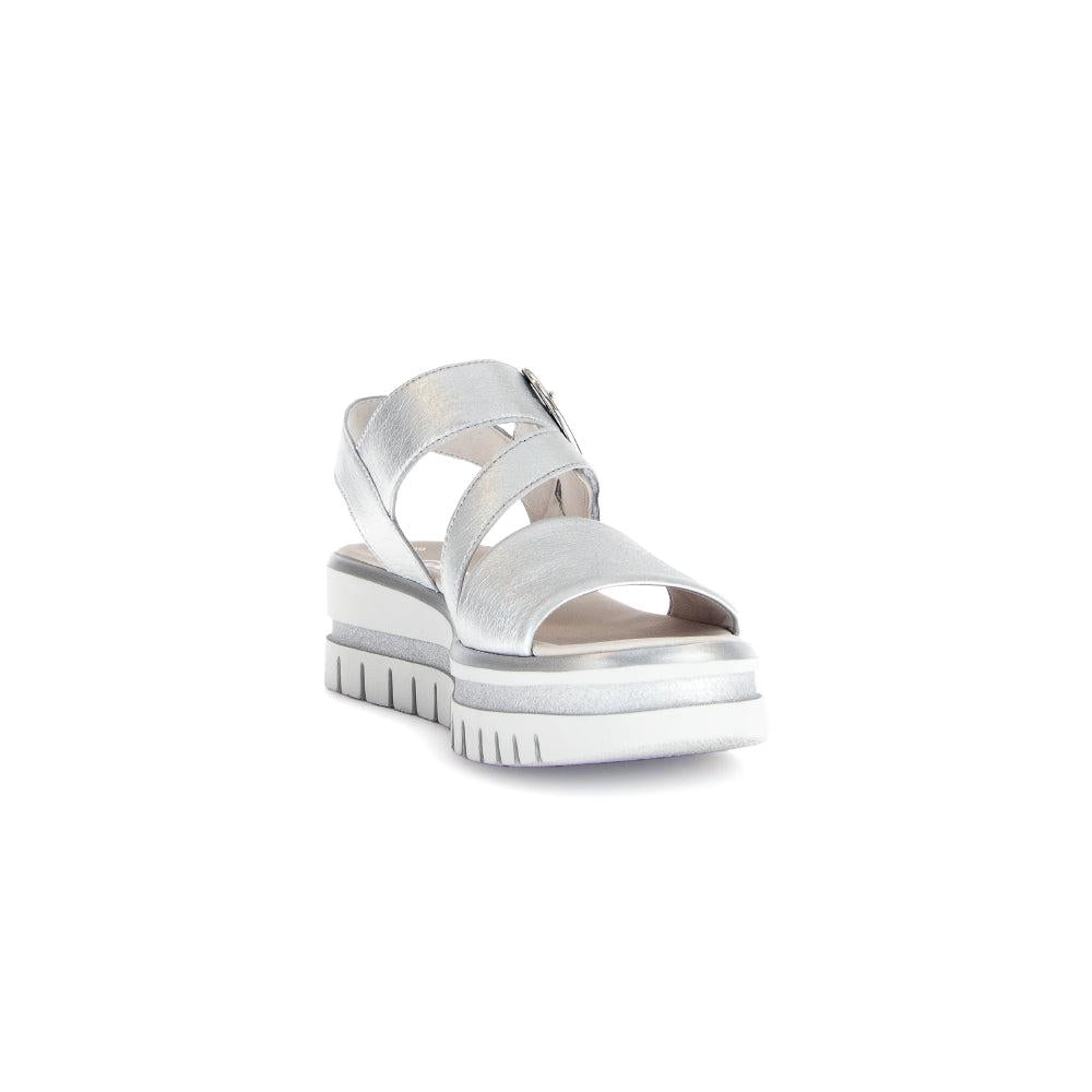 Gabor Ladies Silver Leather Touch Fastening Sandals with chunky white sole and ankle straps.